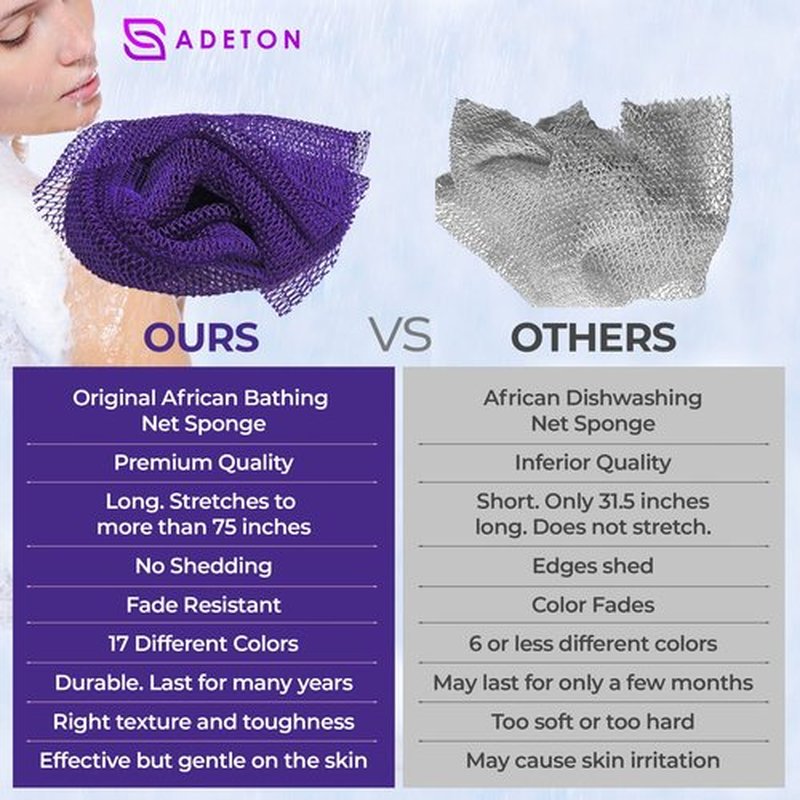 Adeton African Net Cloth, Long Net Sponge, Exfoliating Body Scrubber, Body Exfoliator, 17 Colors, Sapo, Shower Bath Accessories, Back Foot Scalp Scrub, Flat Dead Skin Remover, Body Wash (Purple)