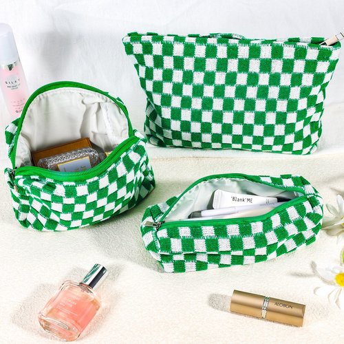 ZLFSRQ 3Pcs Checkered Makeup Bag for Women Large Cosmetic Bag Set Travel Toiletry Bag Makeup Pouch Bag for Purse Green Zipper Storage Bag Organizer Cute Small Aesthetic Girls Car Essentials Bag