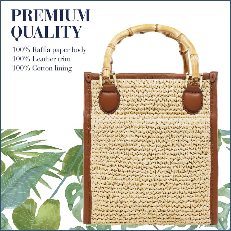 Raffia Tote Bag - Structured Summer Handbag with Bamboo Handle | Crossbody Strap, Cognac & Natural