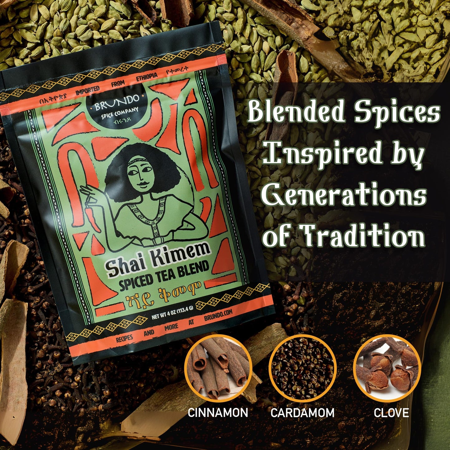 Brundo Ethiopian Spice Company Shai Kimem | Traditional Ethiopia Tea Spice Blend | Crafted and Imported from Ethiopia | Mix of Cinanmon, Green Cardamon and Clove | Steep in water and Strain to Serve