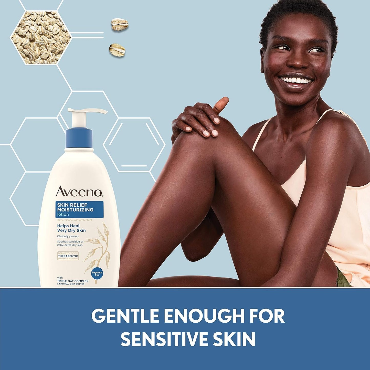 Aveeno Skin Relief Fragrance-Free Moisturizing Lotion for Sensitive Skin, with Natural Shea Butter & Triple Oat Complex, Unscented Therapeutic Body Lotion for Itchy, Extra-Dry Skin, 18 fl. oz