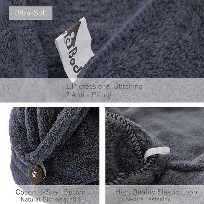 myHomeBody Hair Towel Wrap, Luxury Rapid-Dry Hair-Drying Turban, Ultra Soft and Quick Drying Absorbent Charcoal Fiber, with Coconut Shell Button – Midnight Blue