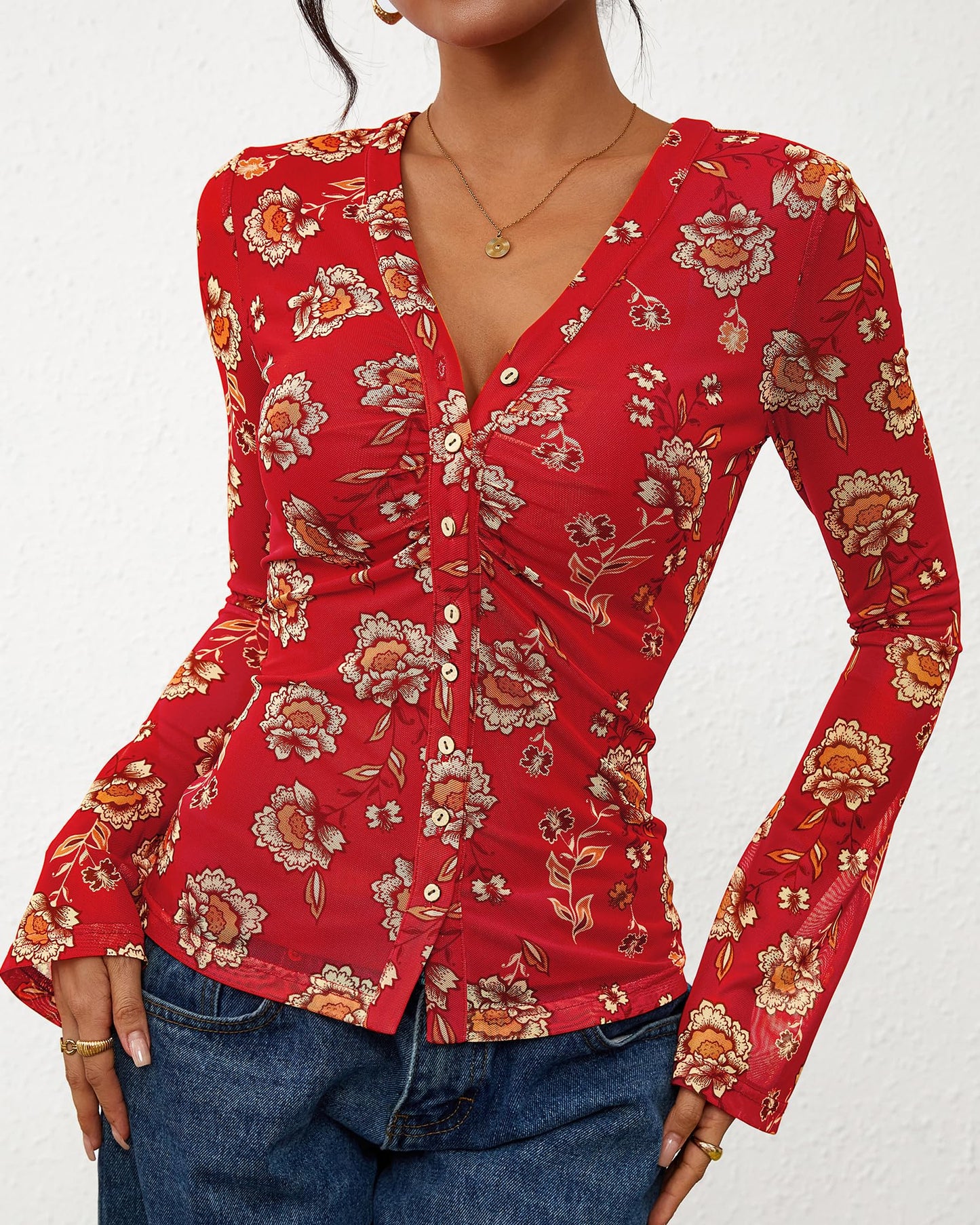 BTFBM Button Down Shirts for Women 2026 Fall Boho Tops V Neck Long Sleeve Blouses Ruched Mesh Fitted Fashion Clothing(Red, Medium)
