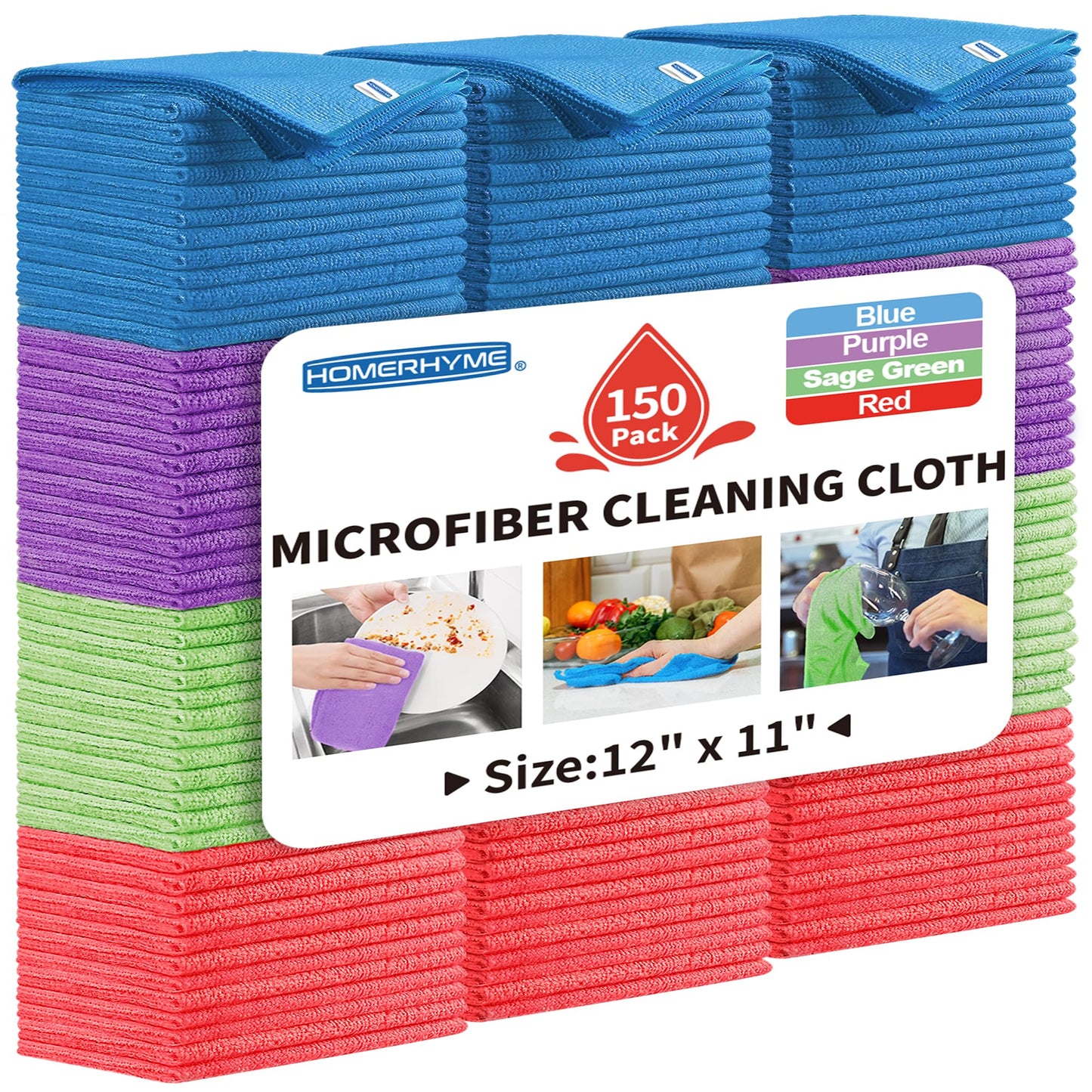 HOMERHYME Microfiber Cleaning Cloth, 150 Pack Cleaning Rags,12" X 11" Lint Free Dish Towels Wash Cloths, Reusable Microfiber Towels for Home and Kitchen Bathroom Apartment Cleaning Supplies, Assorted