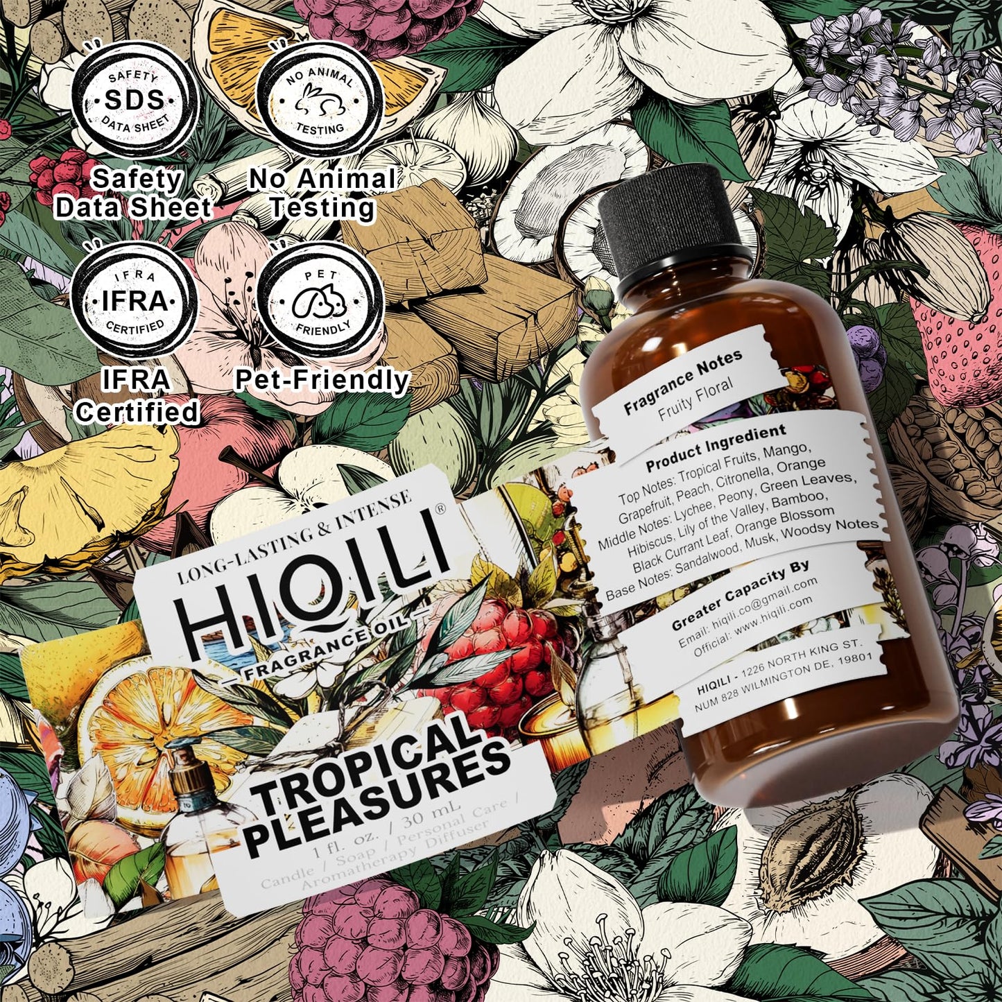 HIQILI Tropical Pleasures Fragrance Oil for Diffuser, Inspired by Est.Lau-der Plea.Exotic, Candle & Soap Making, DIY Perfume & Body Scrubs, Long-Lasting Fruity Floral Aroma - 1 Fl Oz