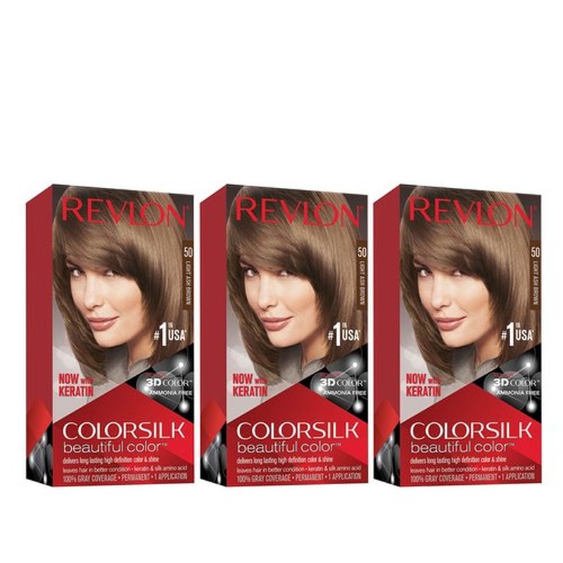 Revlon Permanent Hair Color, Permanent Hair Dye, Colorsilk with 100% Gray Coverage, Ammonia-Free, Keratin and Amino Acids, 50 Light Ash Brown, 4.4 Oz (Pack of 3)