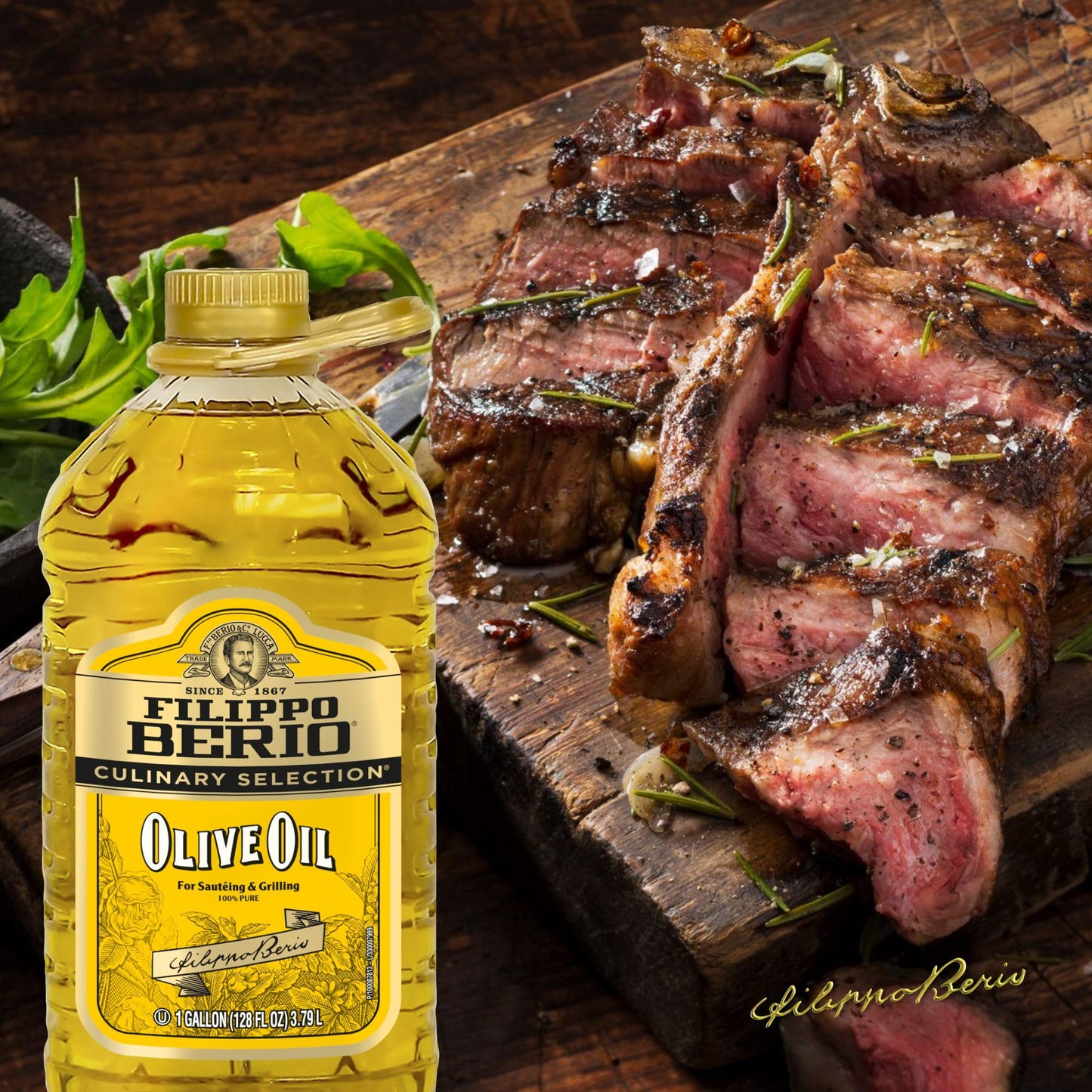 Filippo Berio Pure Olive Oil for Cooking, Frying and Grilling, Mild Flavor All Purpose Olive Oil, rPET, 128 Ounce (Pack of 1)