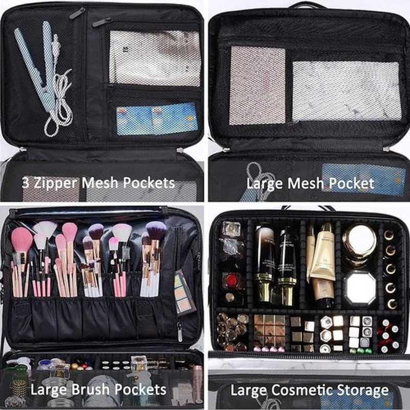 JOURMON Makeup Case Travel Makeup Train Case Organizer Cosmetic Bag Portable with Adjustable Dividers and Shoulder Strap for Makeup Brushes Toiletry Travel Accessories(Marble White Black, L)