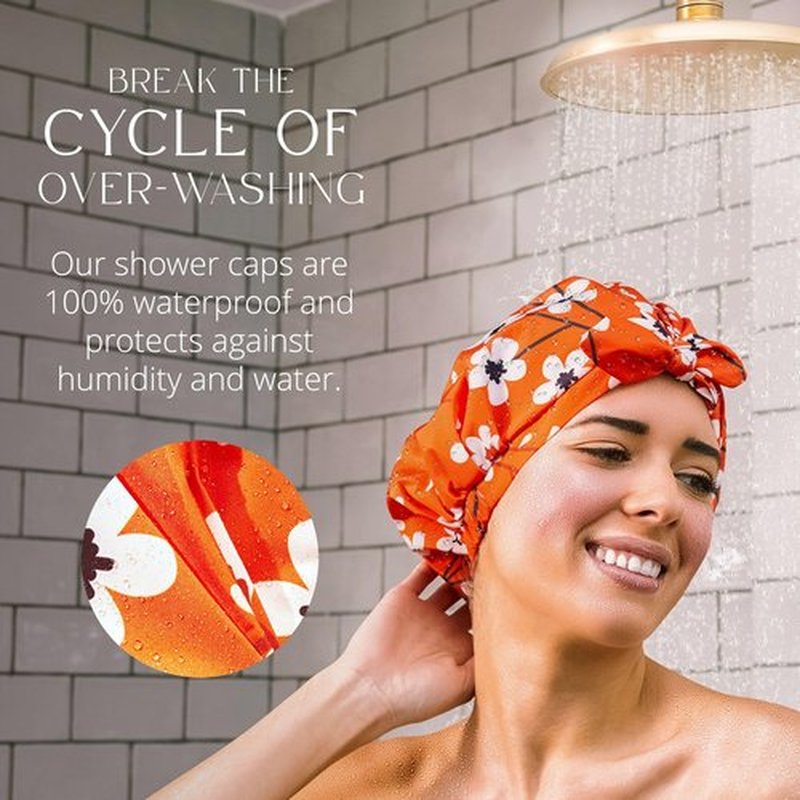 GRACE & COMPANY Luxury Shower Cap For Women - 100% Waterproof, Reusable, Washable & Breathable Shower Caps - Clementine