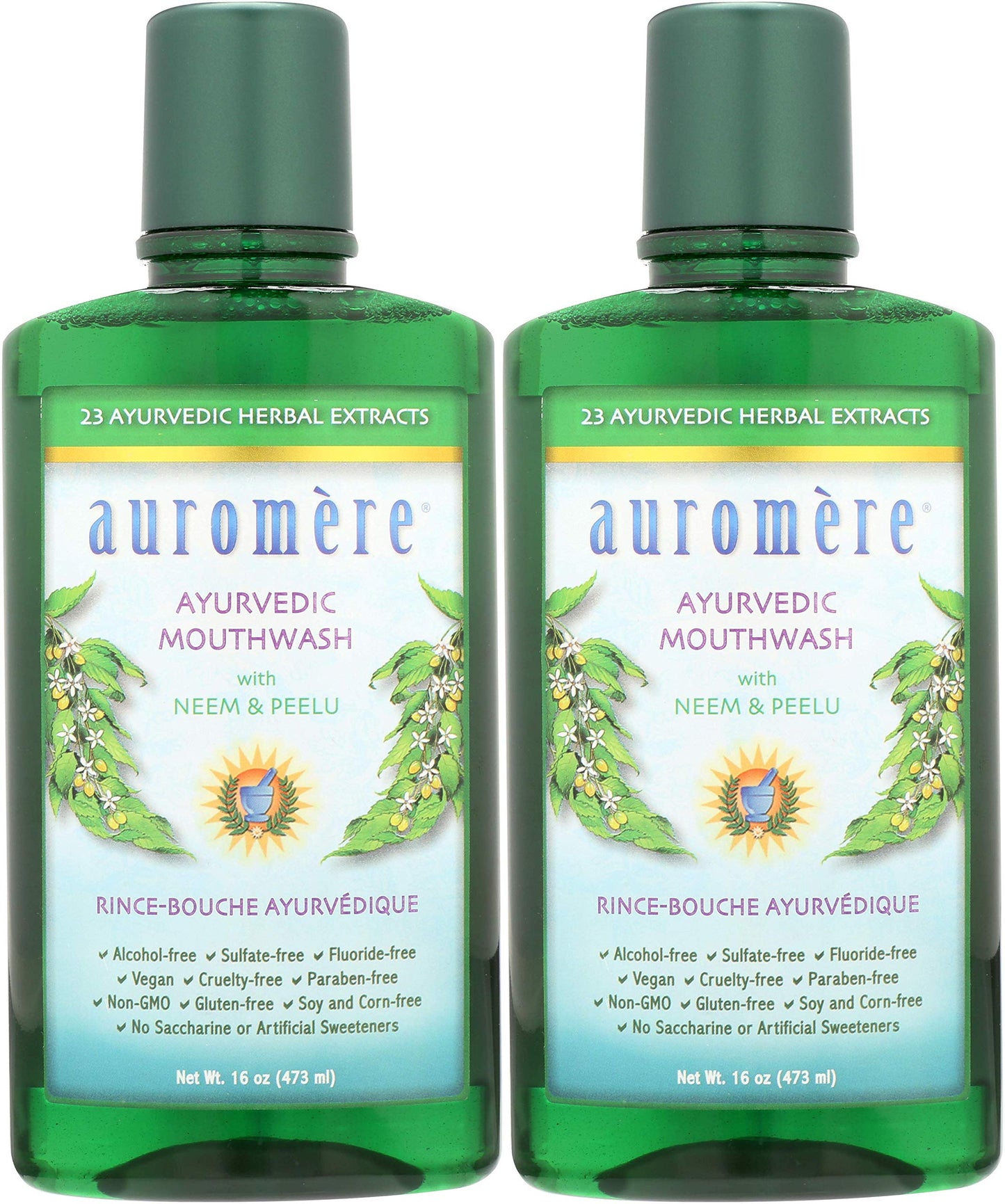 Auromere Ayurvedic Natural Mouthwash for Adults & Kids - Alcohol Free Mouthwash for Bad Breath, Fluoride Free, Neem Oral Rinse, Support for Teeth, Gums & Fresh Breath, Vegan, Non-GMO- 16 Fl Oz, 2 Pack