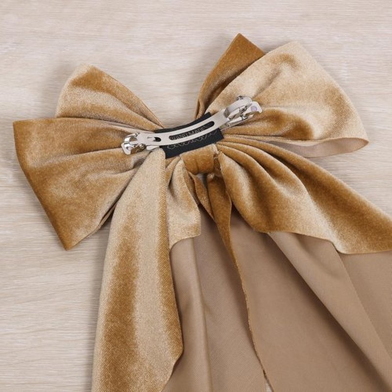 Khaki Velvet Hair Bows with Long Tail for Women Girls Thick Hair Ponytail Holder Decor Accessory, Velvet Ribbon Bow-Knot French Hair Barrette Clip Fall Winter Early Spring Headwear