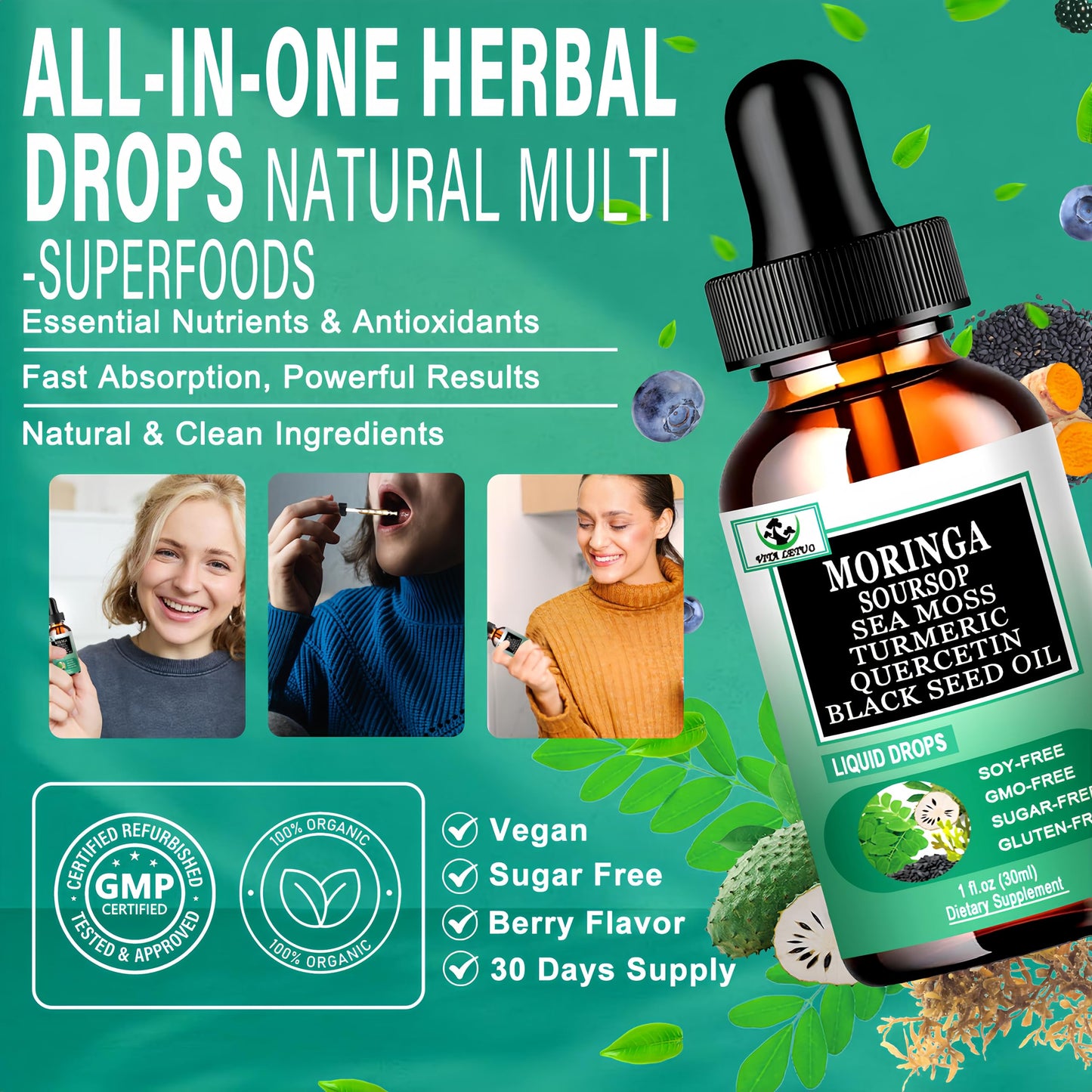 Moringa Drops,Pure Moringa Oleifera Liquid Extract with Soursop Sea Moss Black Seed Oil Quercetin Turmeric - Multimineral&Vitamins Superfood Drops for Energy Immune,Digestive,Cell Support,30 Serving