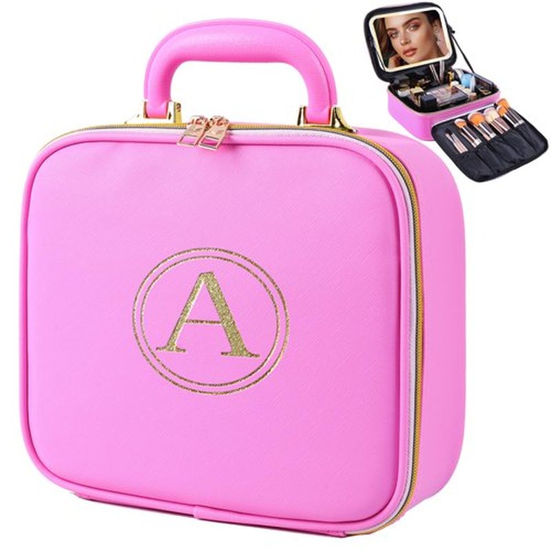 Makeup Travel Train Case with Mirror, LED Light, 3 Adjustable Brightness Levels, Cosmetic Bag with Handle, Portable Storage, Adjustable Partition, Waterproof, Monogrammed Gift Makeup Bag for Women