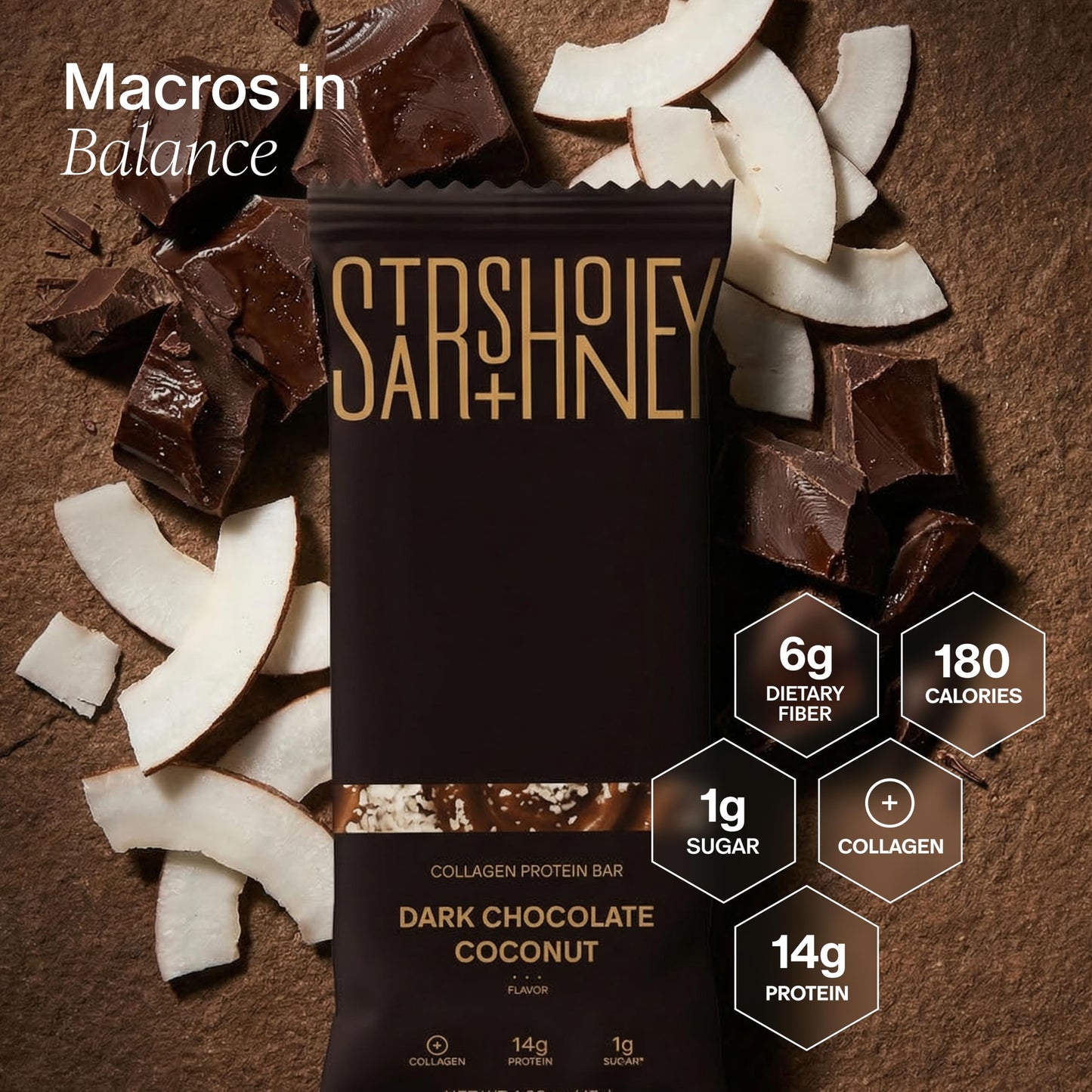 Stars + Honey Protein Bars, Dark Chocolate Coconut, 14g Protein, 1g Sugar, with Collagen Peptides, Dairy Free, Soy & Gluten Free Snacks, Keto Friendly, No Seed Oils or Sugar Alcohols, 10 Pack