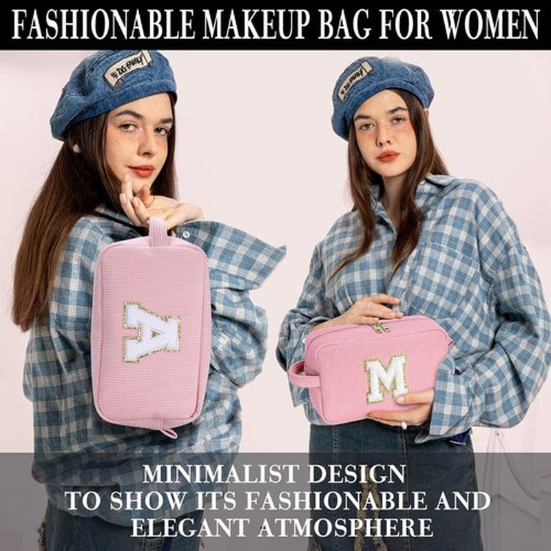 YOOLIFE Makeup Bag Personalized Gifts - Initial Pink Travel Makeup Bag Make Up Bag Teen Girls Gifts Year Old Girl Birthday Gift Friend Birthday Bridesmaid Wedding Gifts for Women Her Girls Pink M