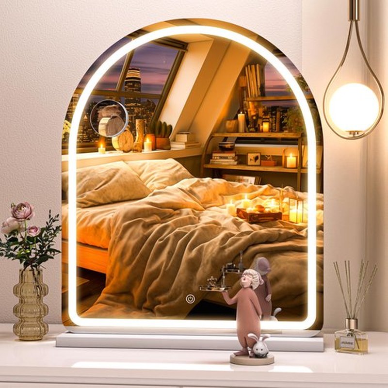Hasipu Vanity Mirror with Lights, 20"× 24" Arched LED Makeup Mirror, Lighted Desktop Makeup Mirror with Lights, Smart Touch Control Dimmable 3 Modes Light White