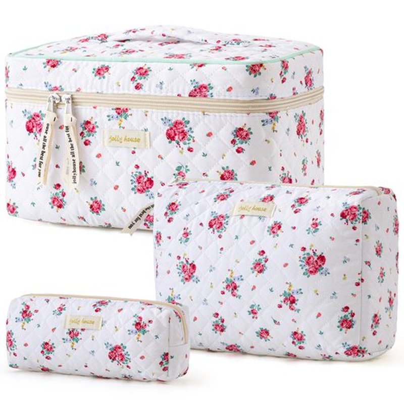 HBselect Quilted Makeup Bag, 3PCS Cotton Large Travel Makeup Bag, Cute Floral Coquette Make up Bag Cosmetic Bag Toiletry Bag for Women Girls