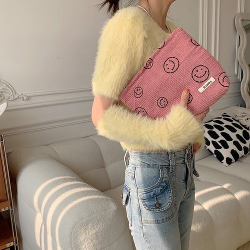 Cosmetic Bags for Women - Corduroy Cosmetic Bag Aesthetic Women Handbags Purses Smile Dots Makeup Organizer Storage Makeup Bag Girls Case Bags (Pink)