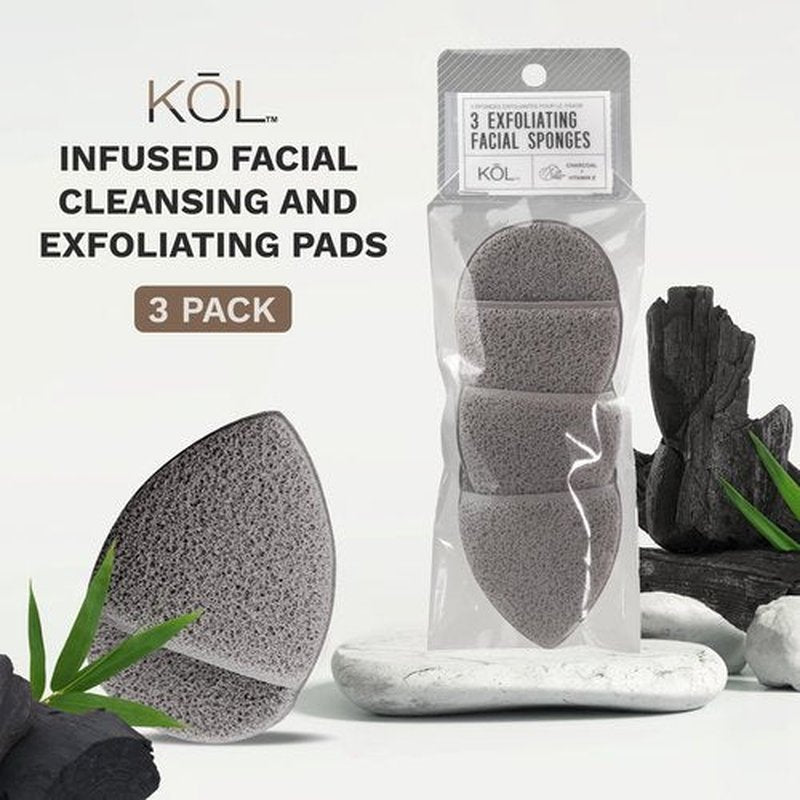 KOL Face Scrubber, Premium Charcoal and Vitamin E Infused Facial Cleansing and Exfoliating Pads for Daily Face Cleaning and Makeup Removal, 3 Count