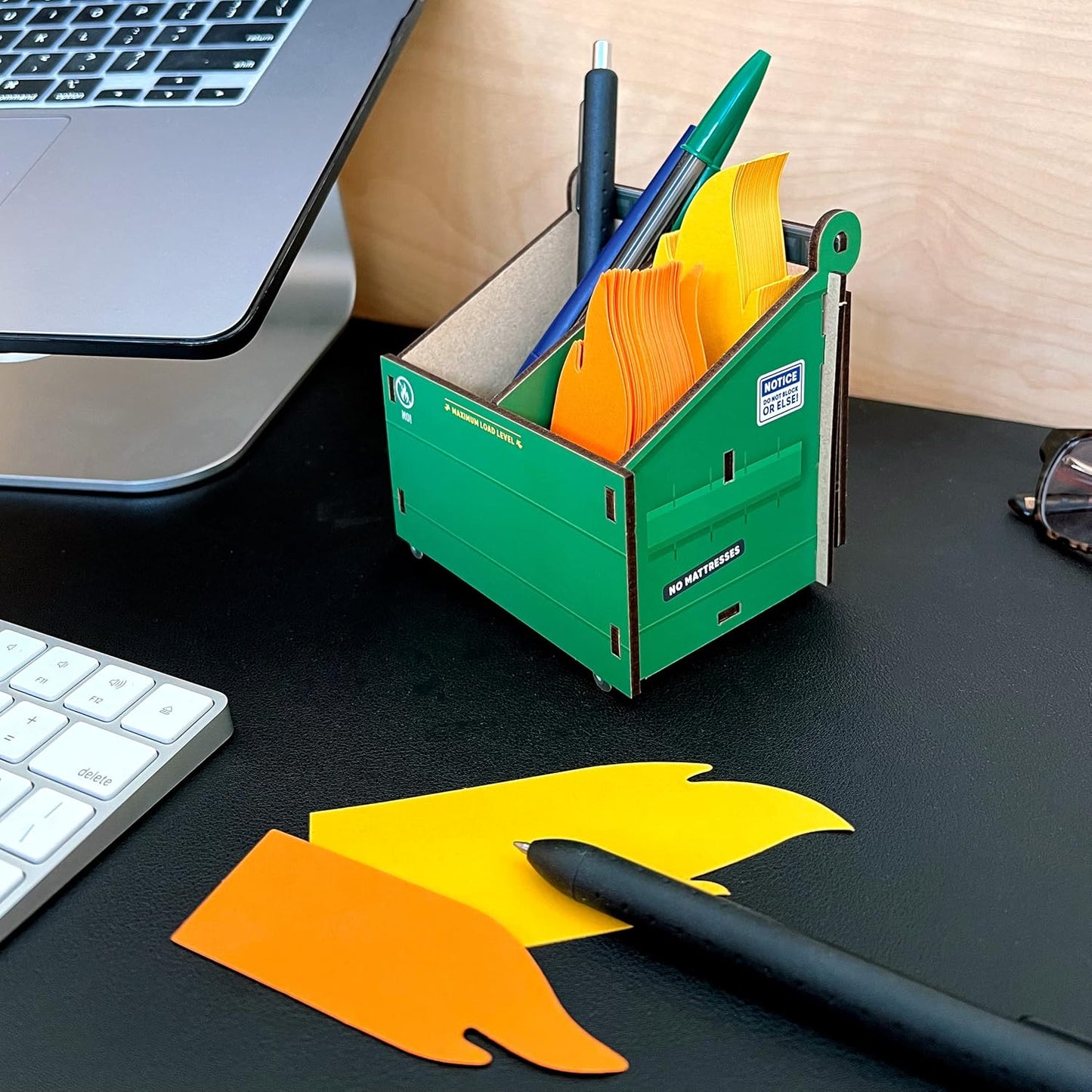 Genuine Fred Desk Dumpster Pencil Holder - Funny 3-Compartment Organizer with 100+ Flame Note Cards for Office or Home