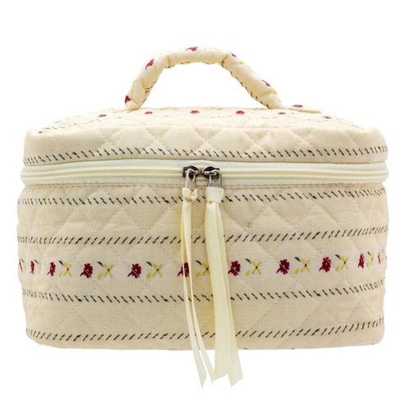 PAZIMIIK Cotton Makeup Bag for Women Large Quilted Travel Cosmetic Case Girls' Make Up Organizer,Little Flower Beige