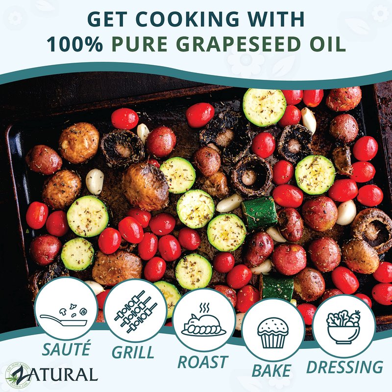 Zatural 100% Pure Cold Pressed Grapeseed Oil – Naturally Grown Virgin, High Smoke Point 450°F+, Non-GMO, Perfect for Cooking Frying Baking, Dressings Marinades & Skincare Hair (16 Fl oz)