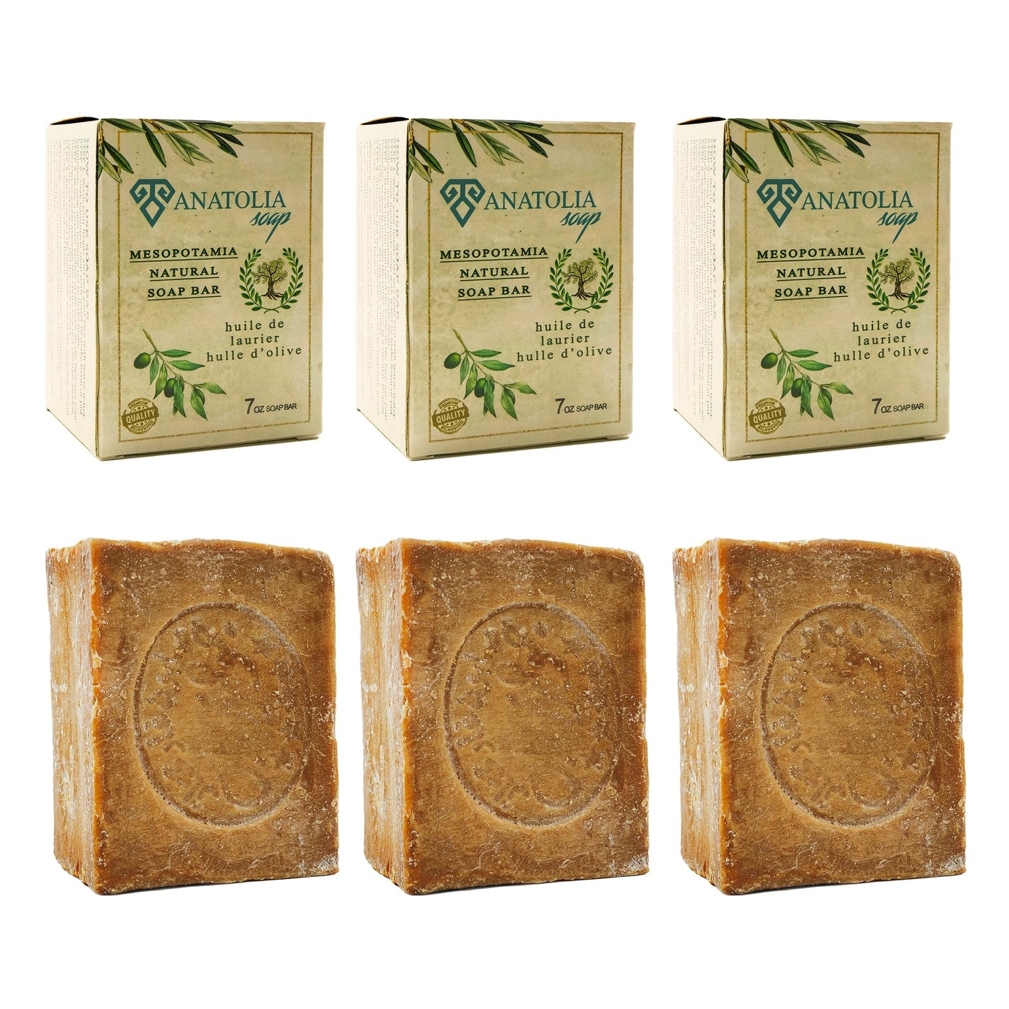 Aleppo Soap, 3-Pack | 100% Olive Oil Organic Handmade Natural Castile Soap for Women & Men | Big Bar, 3 x 7 oz (21 oz Total)