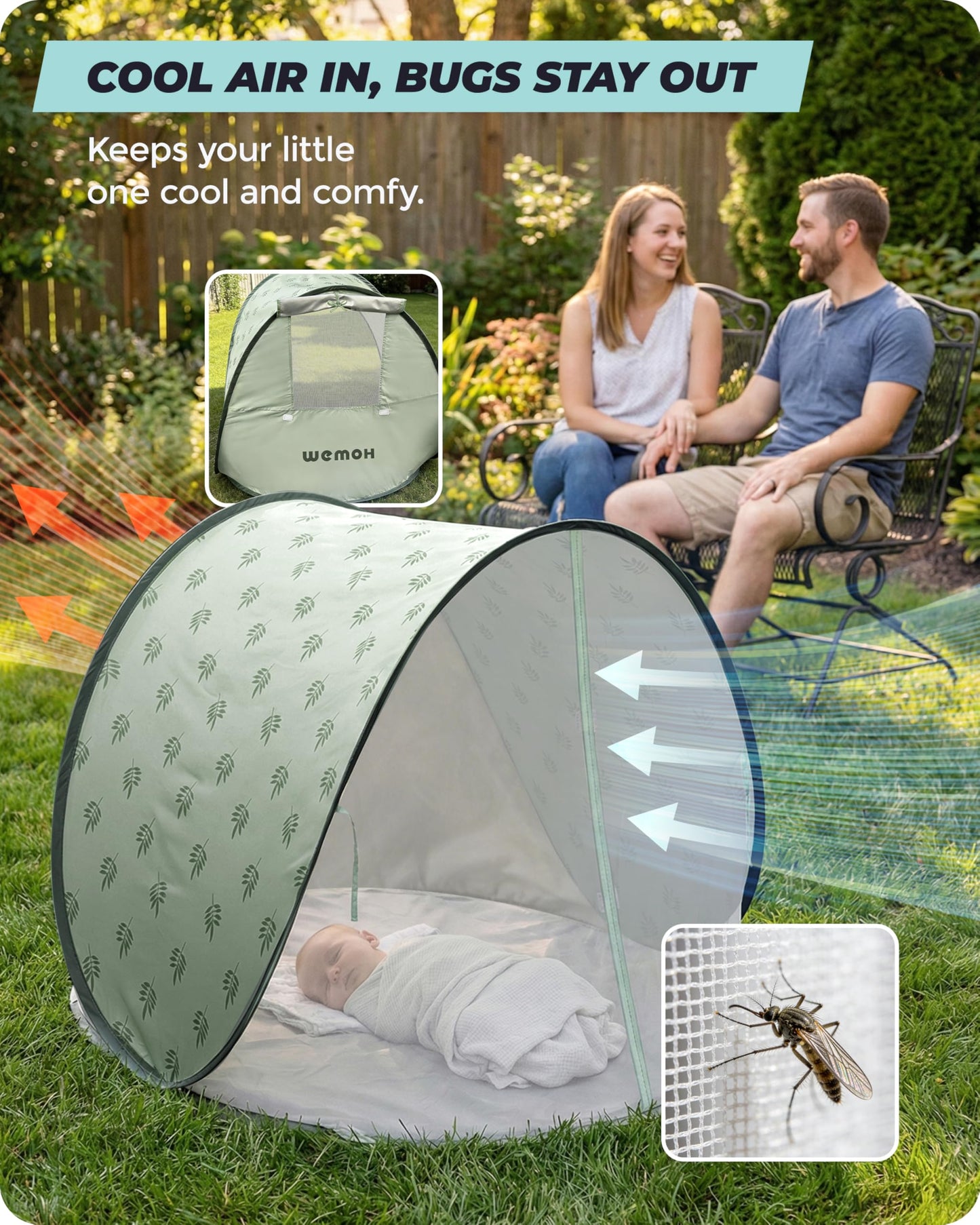 WEMOH Baby Beach Tent, 2026 Upgrade Pop-Up UPF 50+ Sun Protection with Mosquito Net Shelter Canopy Portable Outdoor Shade Summer Essentials for Babies Toddlers- Green Leaves