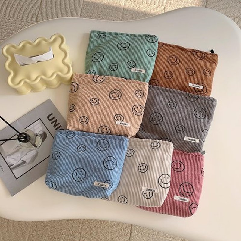 Cosmetic Bags for Women - Corduroy Cosmetic Bag Aesthetic Women Handbags Purses Smile Dots Makeup Organizer Storage Makeup Bag Girls Case Bags (Blue)