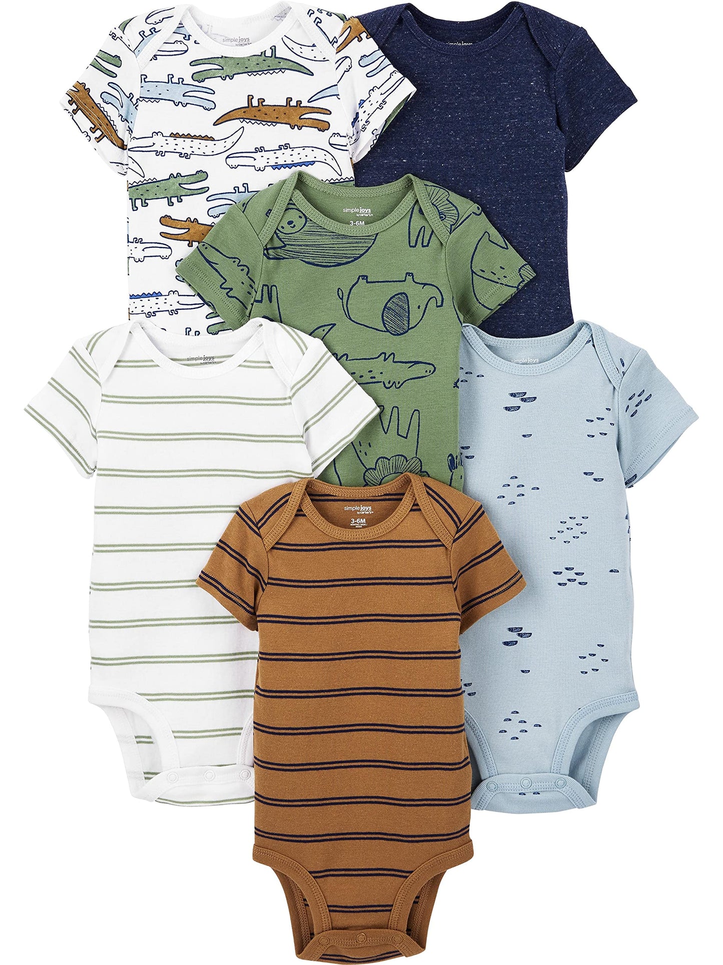 Simple Joys by Carter's Baby Boys' Short-Sleeve Bodysuit, Pack of 6, Multicolor/Alligator/Forest Animals/Stripe, 18 Months
