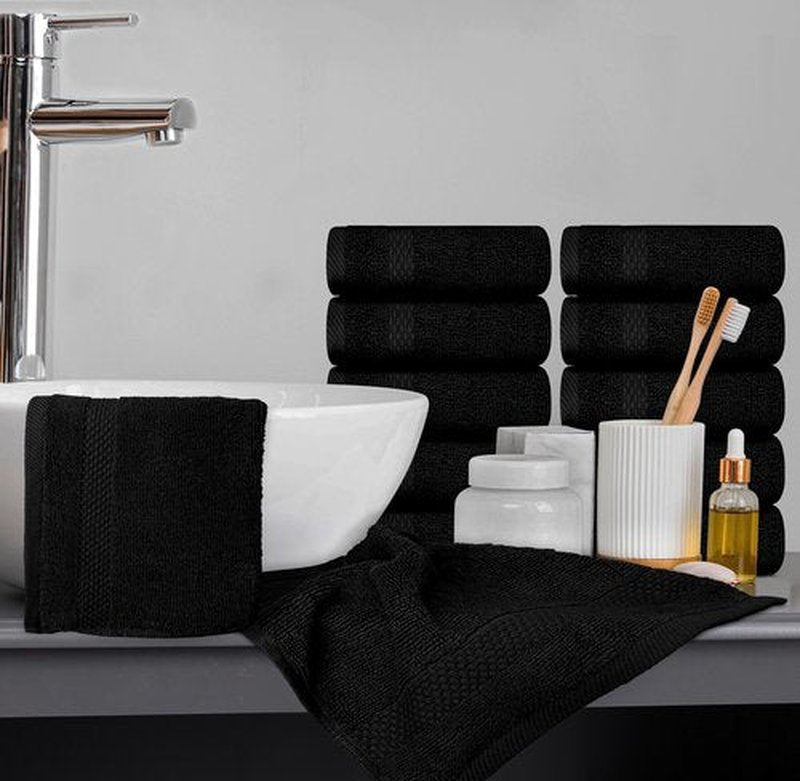 White Classic Luxury Cotton Washcloths Set 12 Pack - Hotel Quality Cleansing Face Towels Set, Black Small Bathroom Hand Towels | 12 Pack | Black