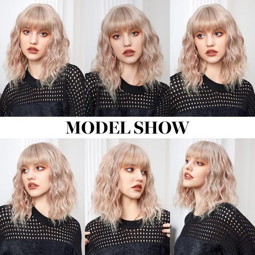 OMELPIS Short Pink Wavy Wig with Bangs Natural Shoulder Length Khaki Pink Water Wave Bob Wigs for Women Colorful Heat Resistant Synthetic Fiber Curly Hair for Anime Cosplay Party Holiday Daily 16In