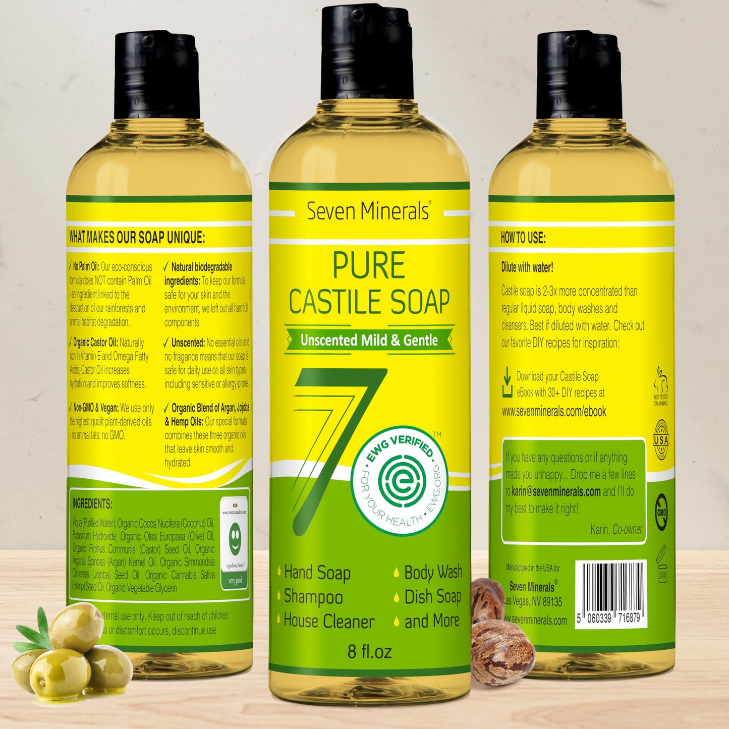 Seven Minerals Pure Castile Soap - No Palm Oil, GMO-Free - Gentle Liquid Soap For Sensitive Skin & Baby Wash - All Natural Vegan Formula with Organic Carrier Oils (8 Fl Oz, An Unscented)