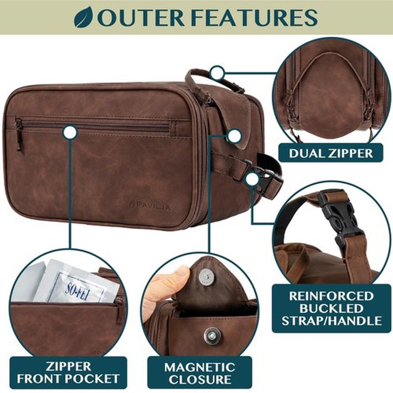 PAVILIA Toiletry Bag for Men Women, Mens Travel Bag Toiletries Organizer Case for Grooming, Travel Essentials Shaving Dopp Kit, PU Leather Water Resistant Cosmetic Pouch, Dark Brown