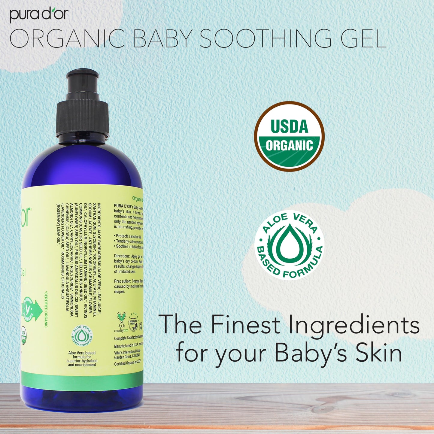 PURA D'OR ORGANIC Baby Soothing Gel For Sensitive Skin (16 Oz x2 = 32 Oz) Diaper Rash & Irritation Relief with Aloe Vera, Tamanu Oil, Chamomile, Jojoba, & Almond Oil