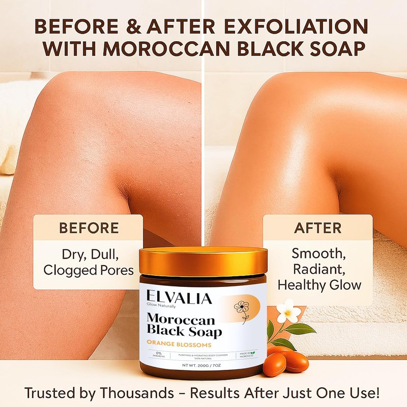 Elvalia Moroccan Black Soap - Natural Hammam Cleanser & Exfoliating Body Treatment | Vegan, 200g (Orange Blossom)