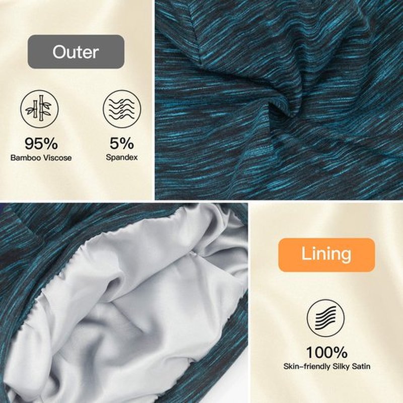 Silk Satin Lined Bonnet Sleep Cap - Adjustable Stay on All Night Hair Wrap Cover Slouchy Beanie for Curly Hair Protection for Women and Men - Heather Lake Blue