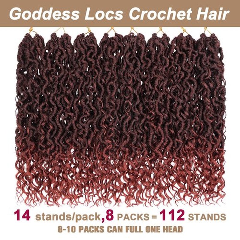 COOKOO Ombre Ginger Goddess Locs Crochet Hair 14 Inch 8 Packs Bohemian Faux Locs Crochet Hair for Kids Pre Looped River Locs Crochet Hair with Curly Ends Soft Crochet Goddess Locs Hair T350#