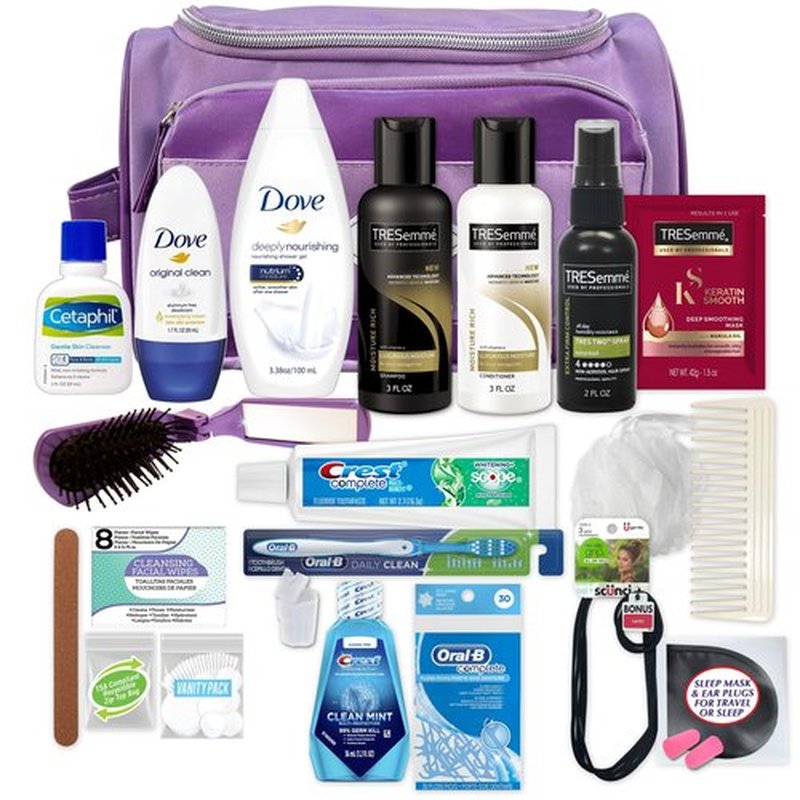 Convenience Kits International Women’s Super Premium 31 PC Travel Kit Featuring: Ensemble of Travel-Size Hair Care Products Plus Face, Body, Oral Care, Travel Essentials in Large Purple Toiletry Bag