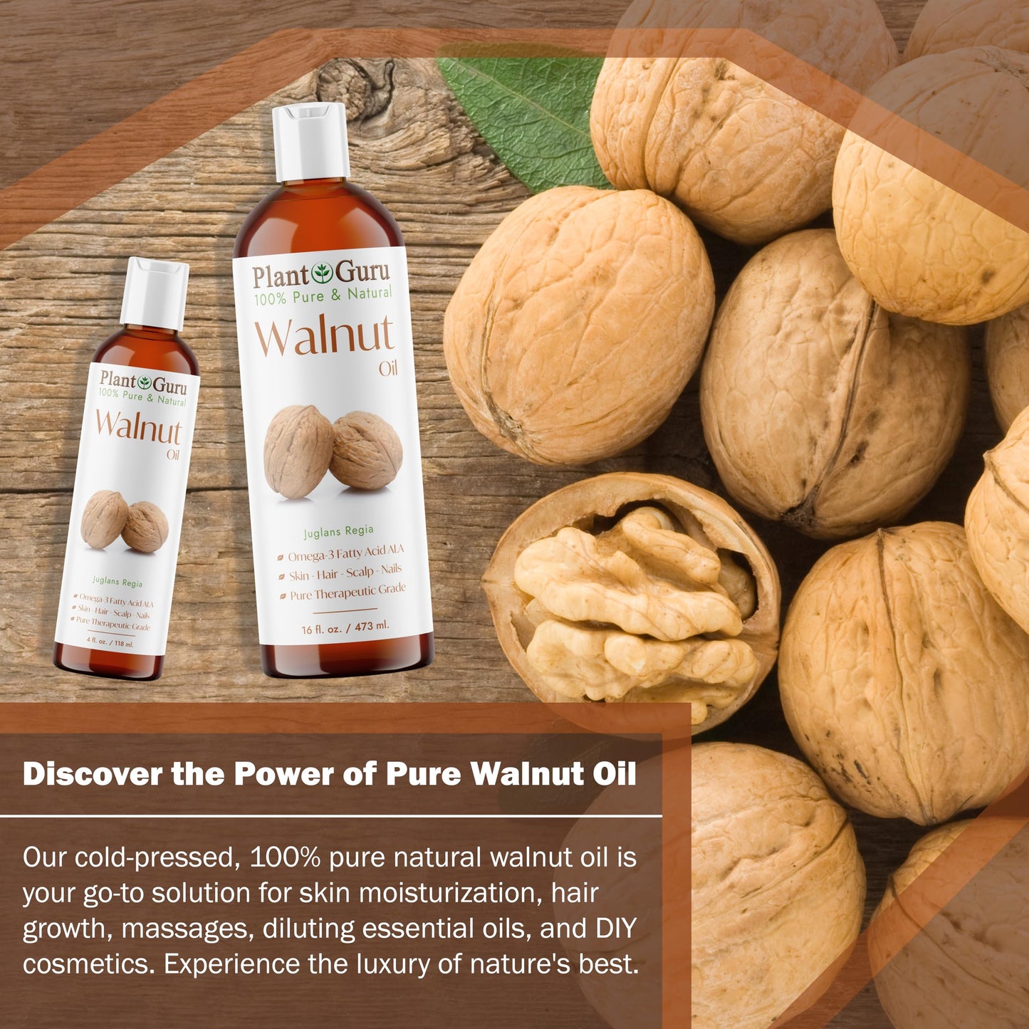 Plant Guru Walnut Oil 16 fl. oz. - Cold Pressed 100% Pure Natural - Skin, Body, Face, and Hair Growth Moisturizer. Great For Creams, Lotions, Lip balm and Soap Making.
