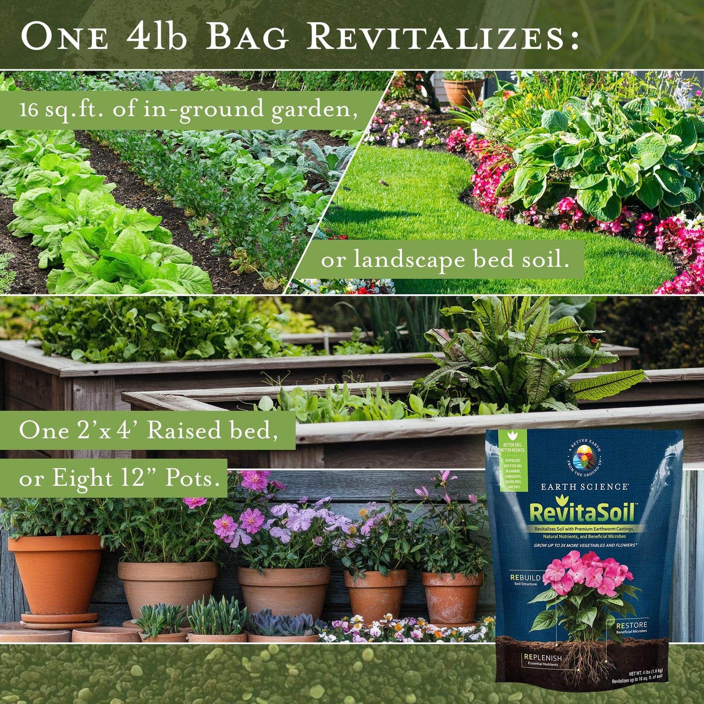 Earth Science RevitaSoil, 4lb, Up to 16 Sq. Ft. - Premium Organic Soil Revitalizer - Natural Nutrients & Earthworm Castings, Grow Up to 3X More, Indoor & Outdoor Plants, Vegetables, Flowers, Gardens
