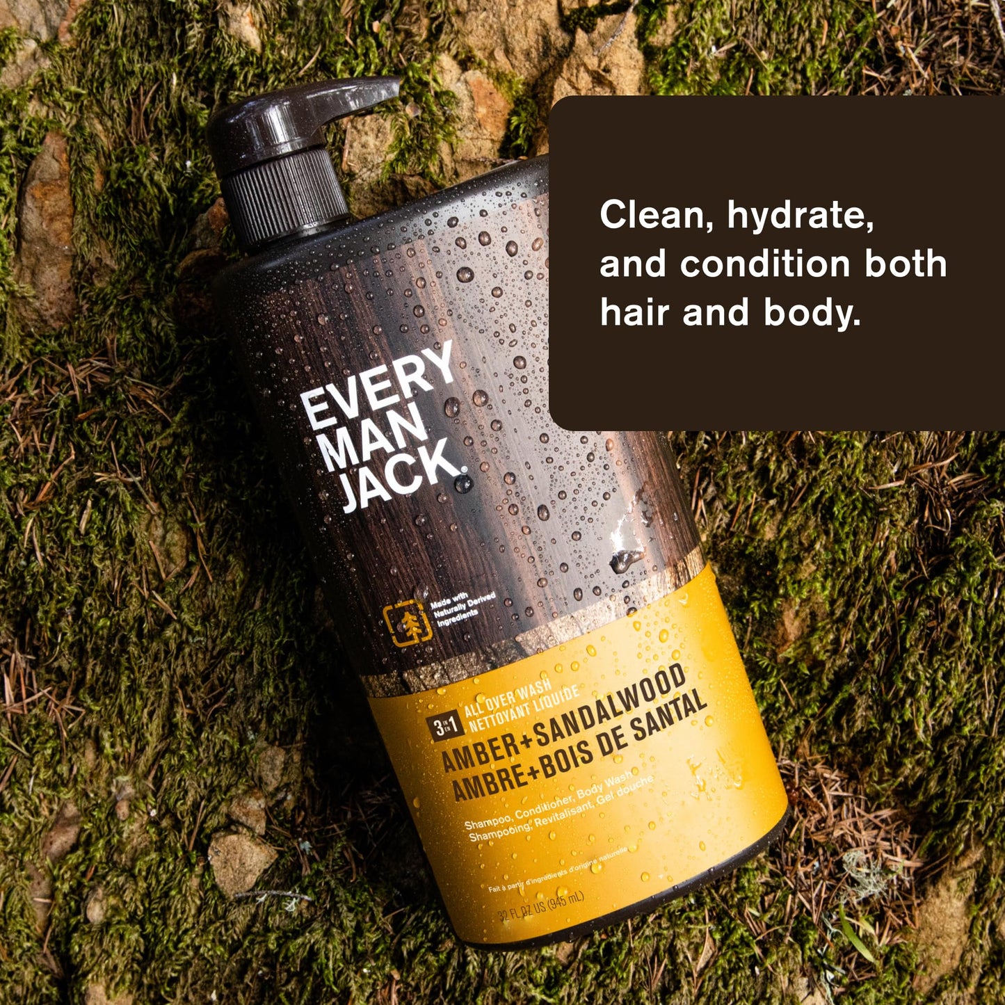 Every Man Jack Amber + Sandalwood Mens 3-in-1 All Over Wash for All Skin and Hair Types - Cleanse, Nourish, and Protect Skin and Hair with Naturally Derived Soy Proteins, Aloe, Glycerin - 2 Bottles