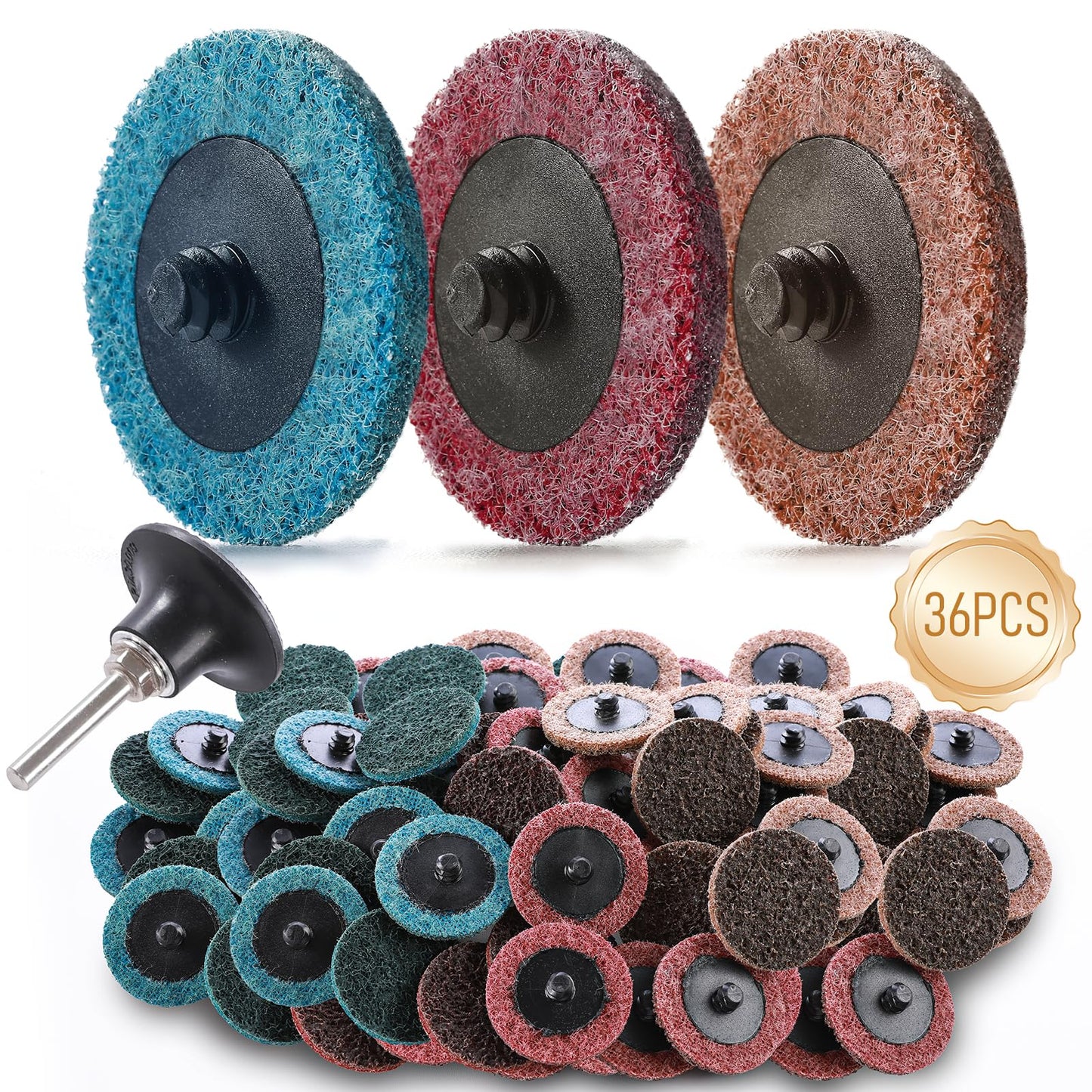 Jeimier 36PCS Premium Quick Change Surface Conditioning Discs, 2-Inch 3 Grit Nylon Non-Woven Disc, 1/4 Inch Roll Lock Holder for Die Grinder, Surface Striping, Grinding, Polishing, Fast Finishing