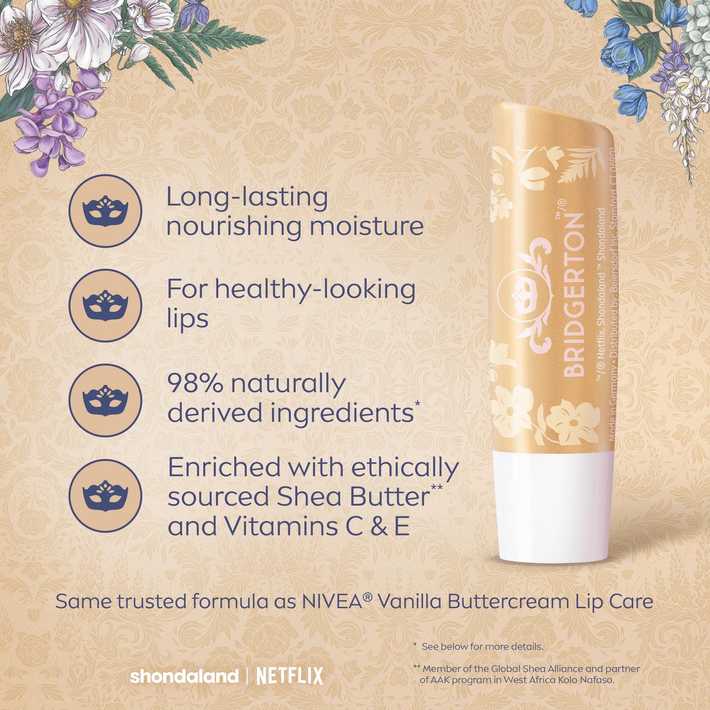 NIVEA Vanilla Biscuit Lip Balm, Nourishing Lip Care, Bridgerton Limited Edition Moisturizing Lip Balm with Shea Butter, 3-in-1 Moisture, Repair and Nourish, 0.17 Oz Stick