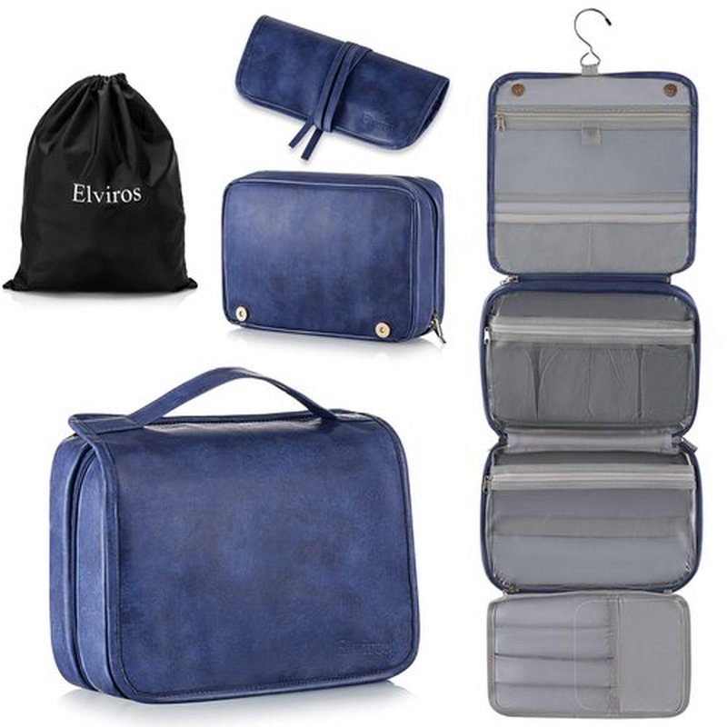Elviros Toiletry Bag Hanging Travel Organizer for Men and Women, 3 in 1 Multifunctional Large Makeup Cosmetic Case for Toiletries Accessories, Water-resistant PU Leather Bathroom Dopp Kit Shaving Bag
