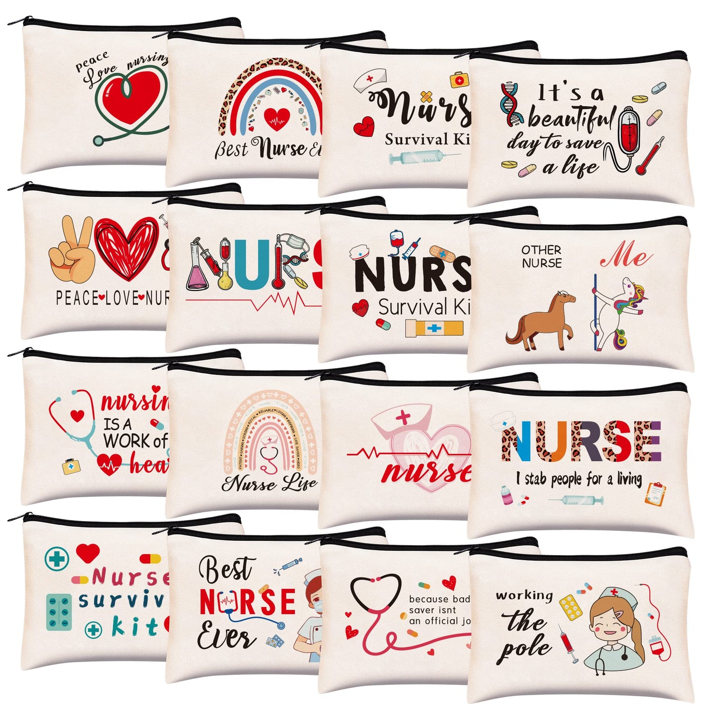 Kolewo4ever 16 Pieces Nurse Survival Kit Nurse Practitioner Gifts Nurse Appreciation Gifts CNA Week Gifts Nursing Makeup Bags Cosmetic Funny Travel Pouch Bag for Women Nurses