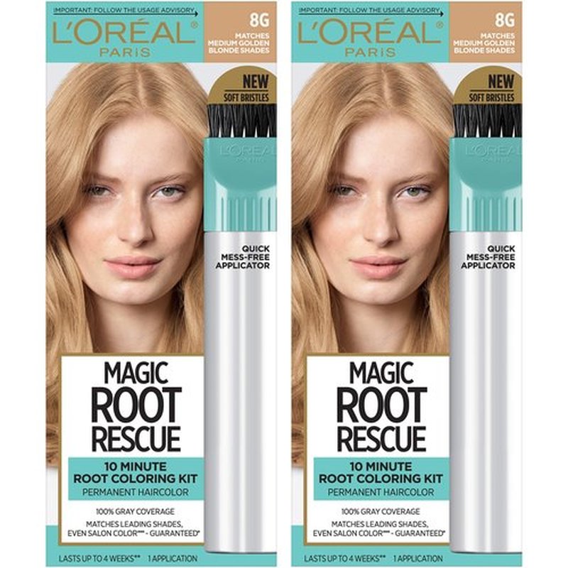 L'Oreal Paris Magic Root Rescue 10 Minute Root Hair Coloring Kit, Permanent Hair Color with Quick Precision Applicator, 100% Gray Coverage, 8G Medium Golden Brown, 2 count