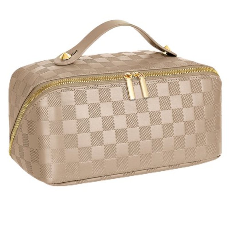 ALEXTINA Large Capacity Travel Cosmetic Bag - Portable Makeup Bags for Women Waterproof PU Leather Checkered Makeup Organizer Bag with Dividers and Handle,Toiletry Bag for Cosmetics, Khaki