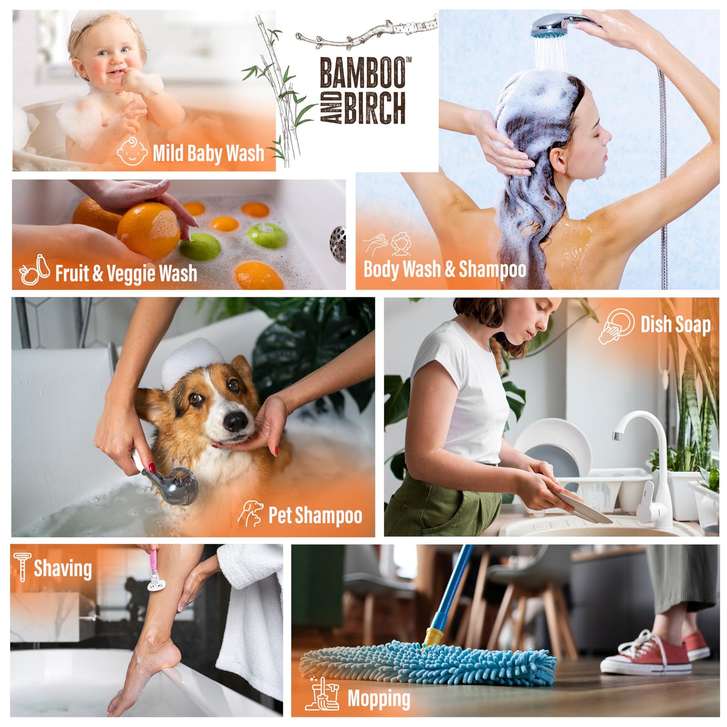 BAMBOO AND BIRCH Pure Castile Soap Liquid, Mandarin Basil, 32 oz