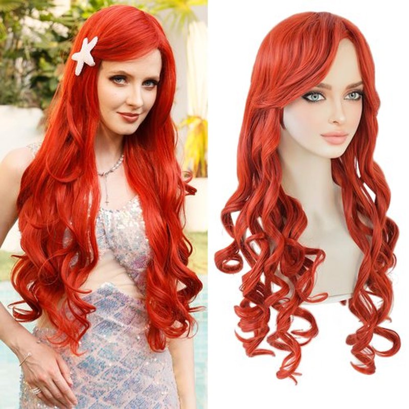 7JHH WIGS Long Wavy Costume Wigs Cosplay Mermaid wig for Women Halloween Party Used High Temperature Heat Resistant Fiber Natural Hairline Cos I Love Lucy Wig (28in, Ginger Orange Mermaid Wig)
